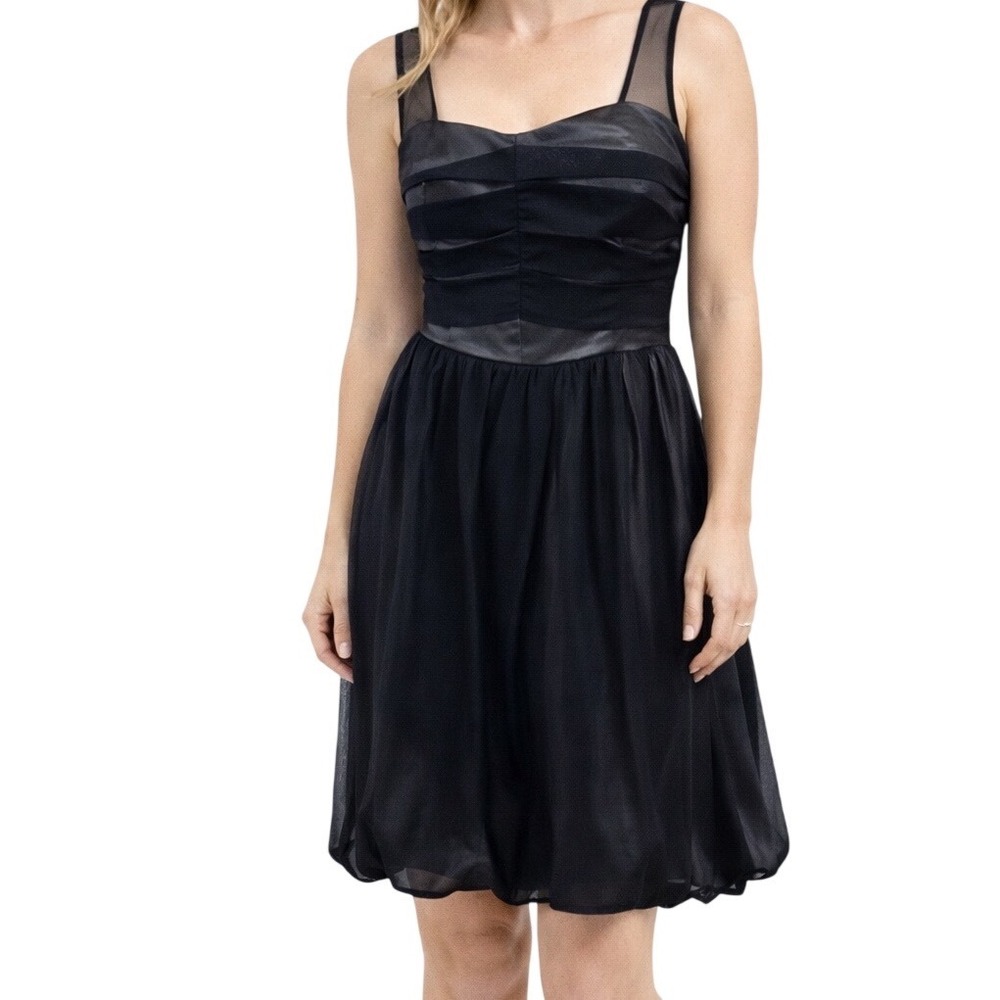 BCBGeneration Dress Black Sweetheart Bubble Hem Ruched Mesh Party Chic‎